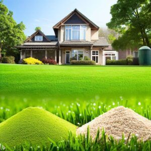 white fertilizer, green lawn , house in back, importance of fertilizer 